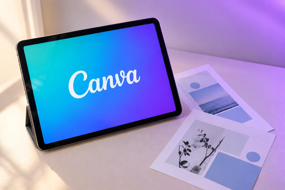 Tablet com o Canva e modelos de artes sobre a mesa.